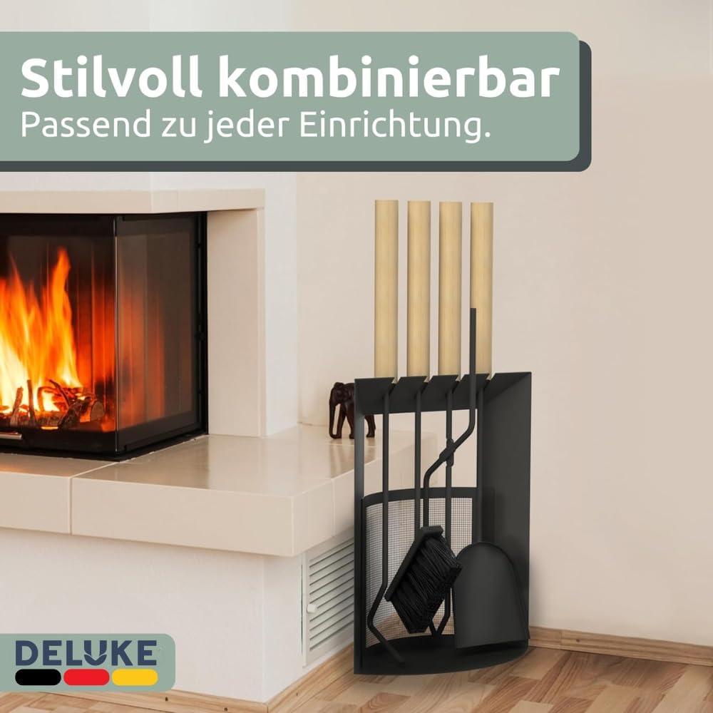 Kaminbesteck modern THEO | 6-teilig mit Holzgriff | Schürhaken Besen Ascheschaufel | Kamingarnitur S