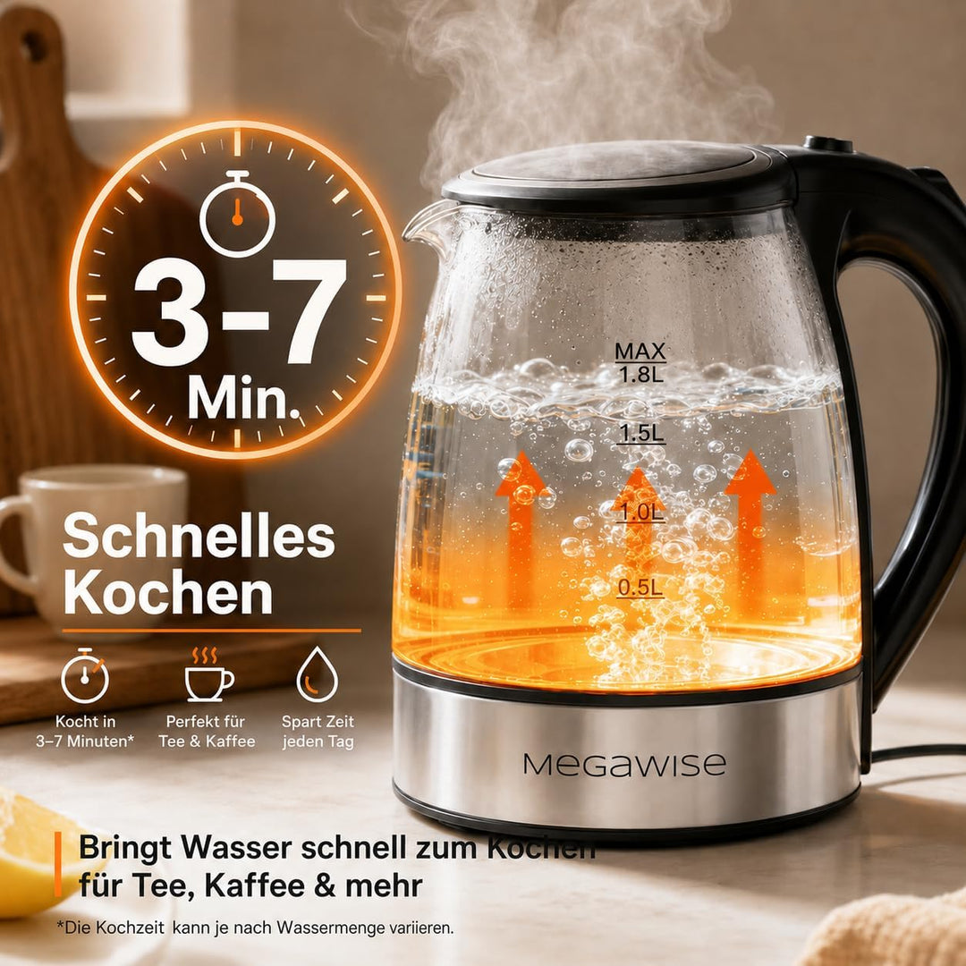 MEGAWISE 1.8L gesunder elektrischer Wasserkocher, 1000W Borosilikatglas Teekessel mit Lebensmittelqu