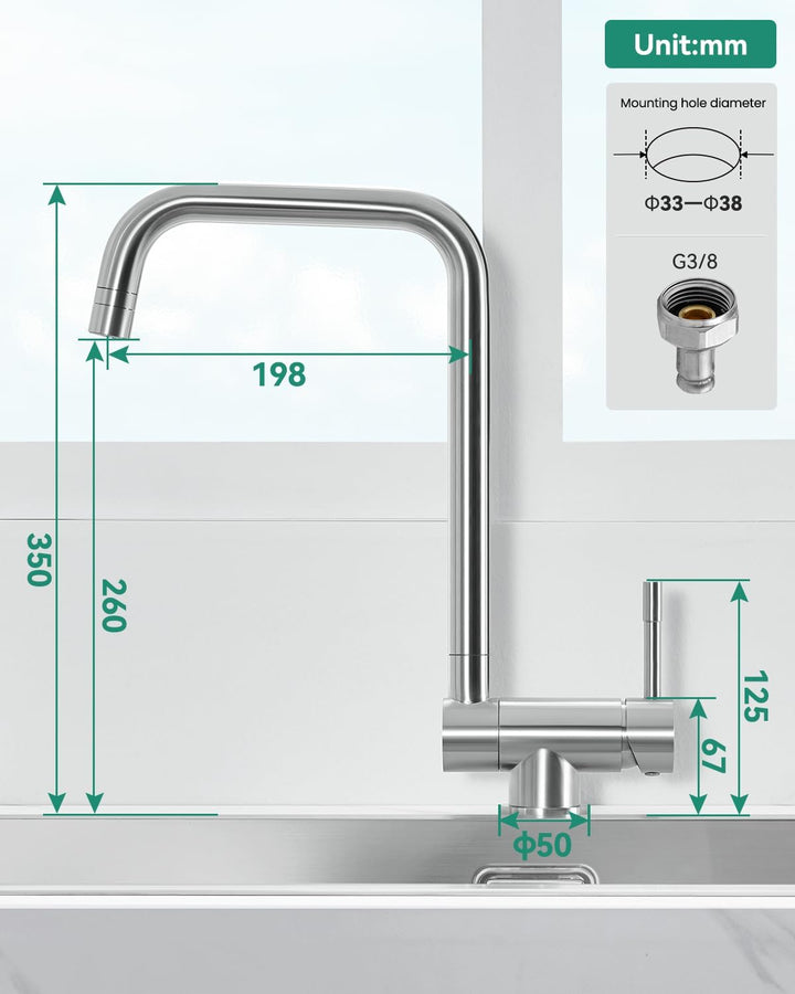 ANYCEE Vorfenster Küchenarmatur Klappbar, Hochdruck Wasserhahn Küche mit 2 Strahlarten, Mischbatteri