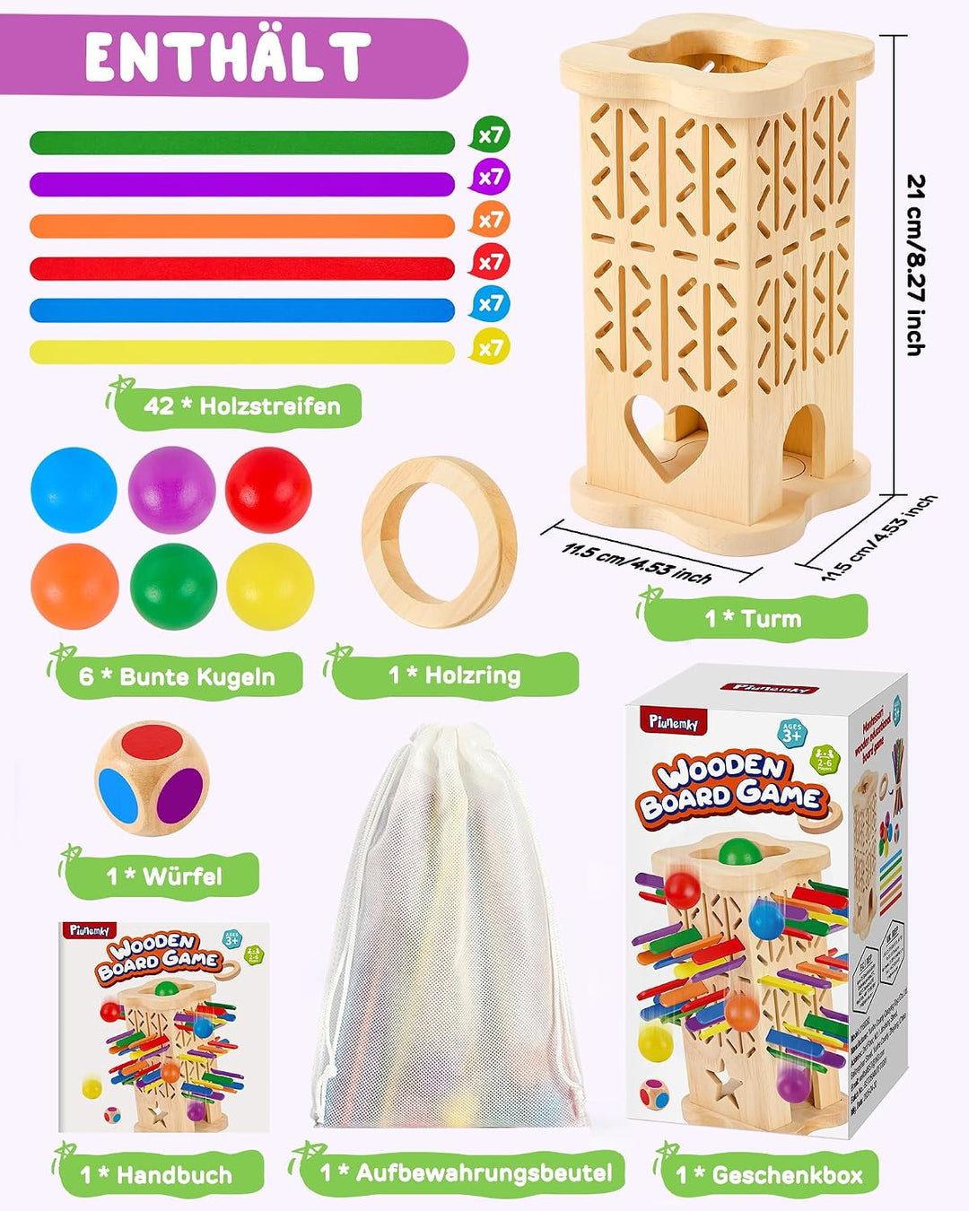 Montessori Holz Brettspiel ab 3–6 Jahre mit bunten Stäbchen & Ball | Holzspielzeug Kinder, Lernspiel