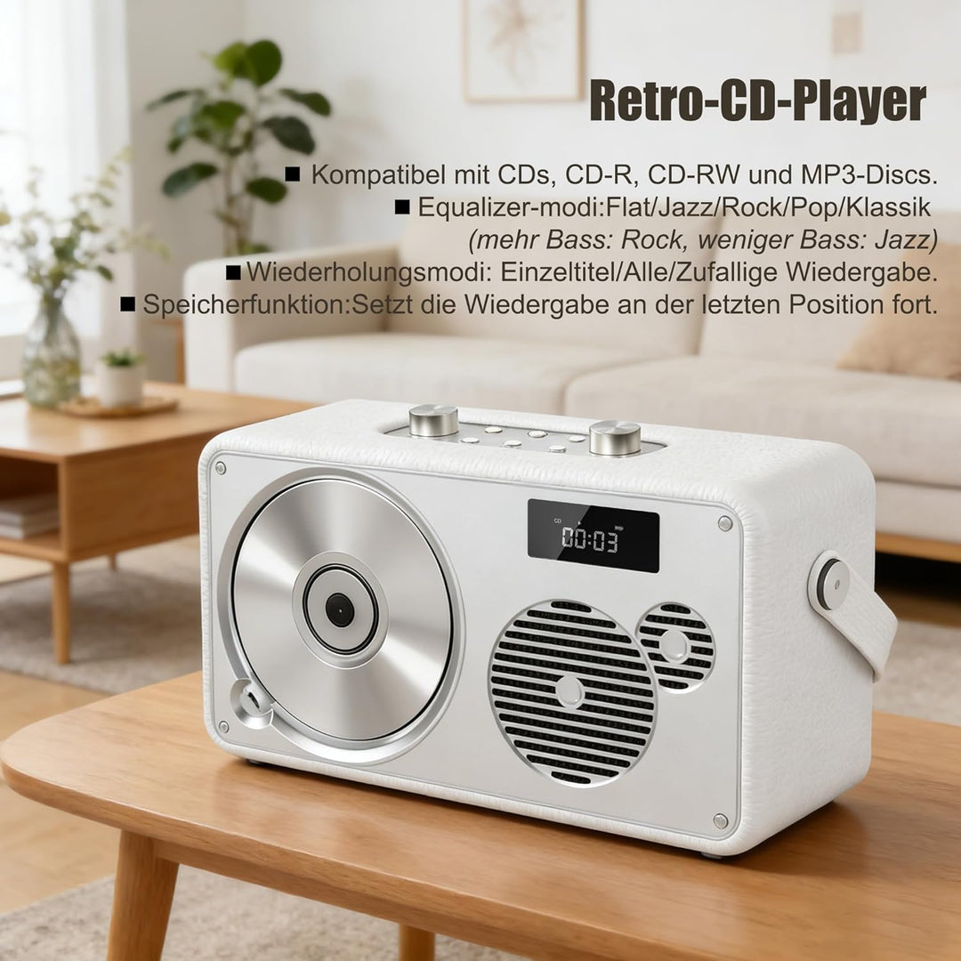 Vintage Leather Style Boombox CD-Player Tragbarer | Eingebaute wiederaufladbare Batterie| FM-Radio/B