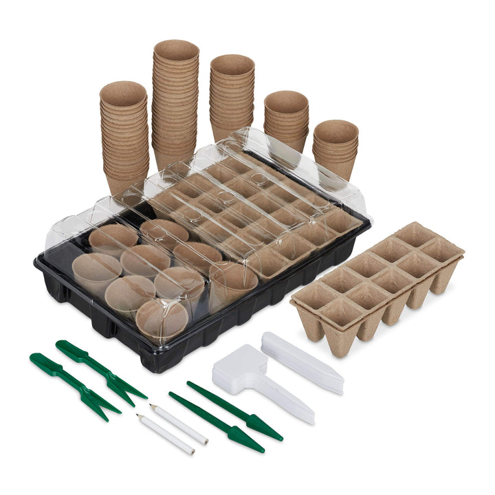 Relaxdays Anzuchtset 131 TLG., für Pflanzen, Anzuchtkasten mit Anzuchttöpfen, Pikierwerkzeug & Pflan