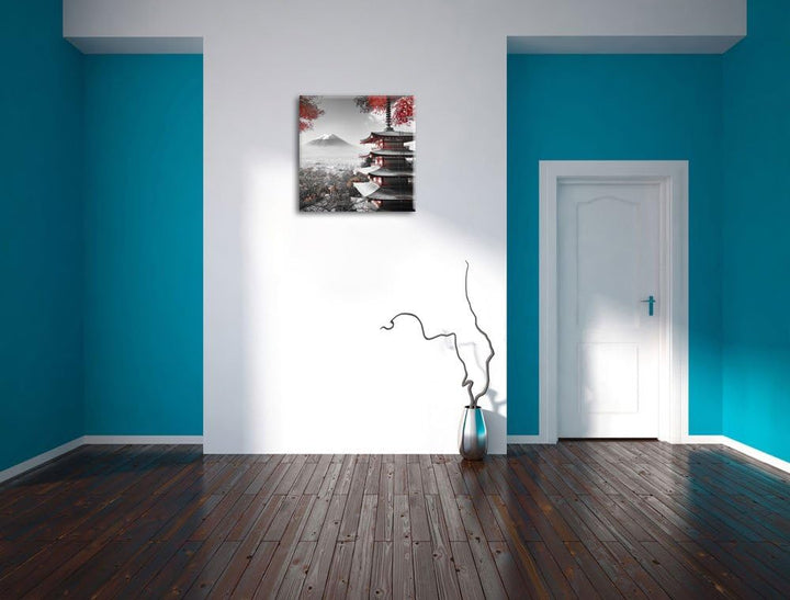 Pixxprint Japanischer Tempel im Herbst Schwarz/Weiss, Format: 70x70 auf Leinwand, 70x70
