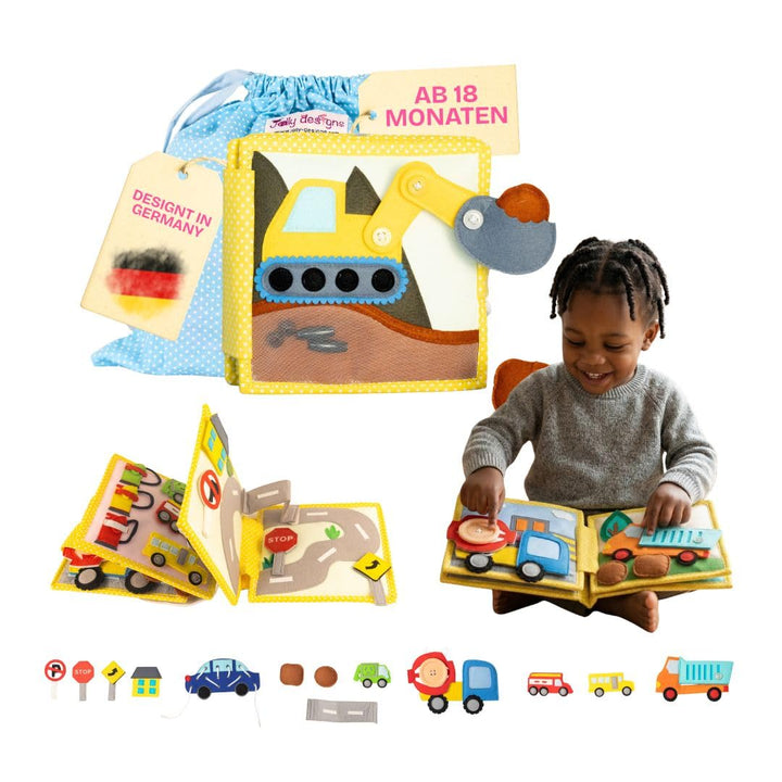 Jolly Designs Mini Quiet Book Mein erster Bagger – Montessori Spielzeug ab 18 Monaten – Busy Book &