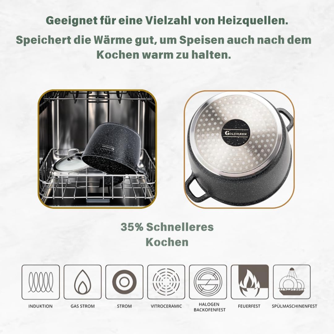 GOLDMANN 28 CM - 10L - Aluguss-Kochtopf/Suppentopf mit Glasdeckel und Silikongriffen, Marmor-Keramik