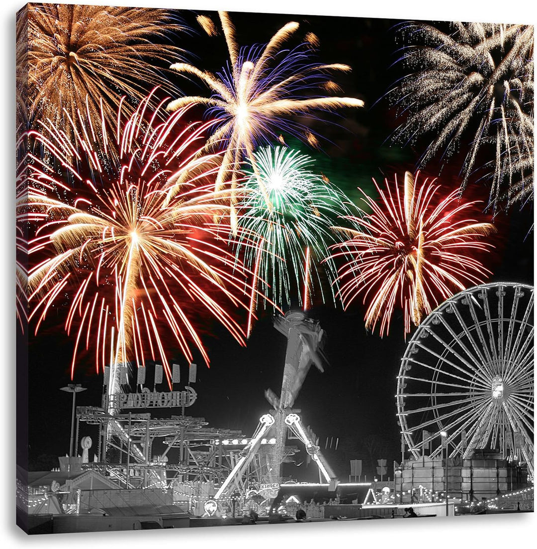 Pixxprint Silvester Feuerwerk schwarz/weiss, Format: 70x70 auf Leinwand, 70x70