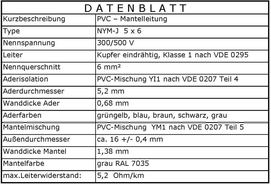 M&amp;G Techno 40m NYM-J 5x6,0 mm² Mantelleitung Feuchtraumkabel Elektrokabel Kupfer Made in Germany, 40