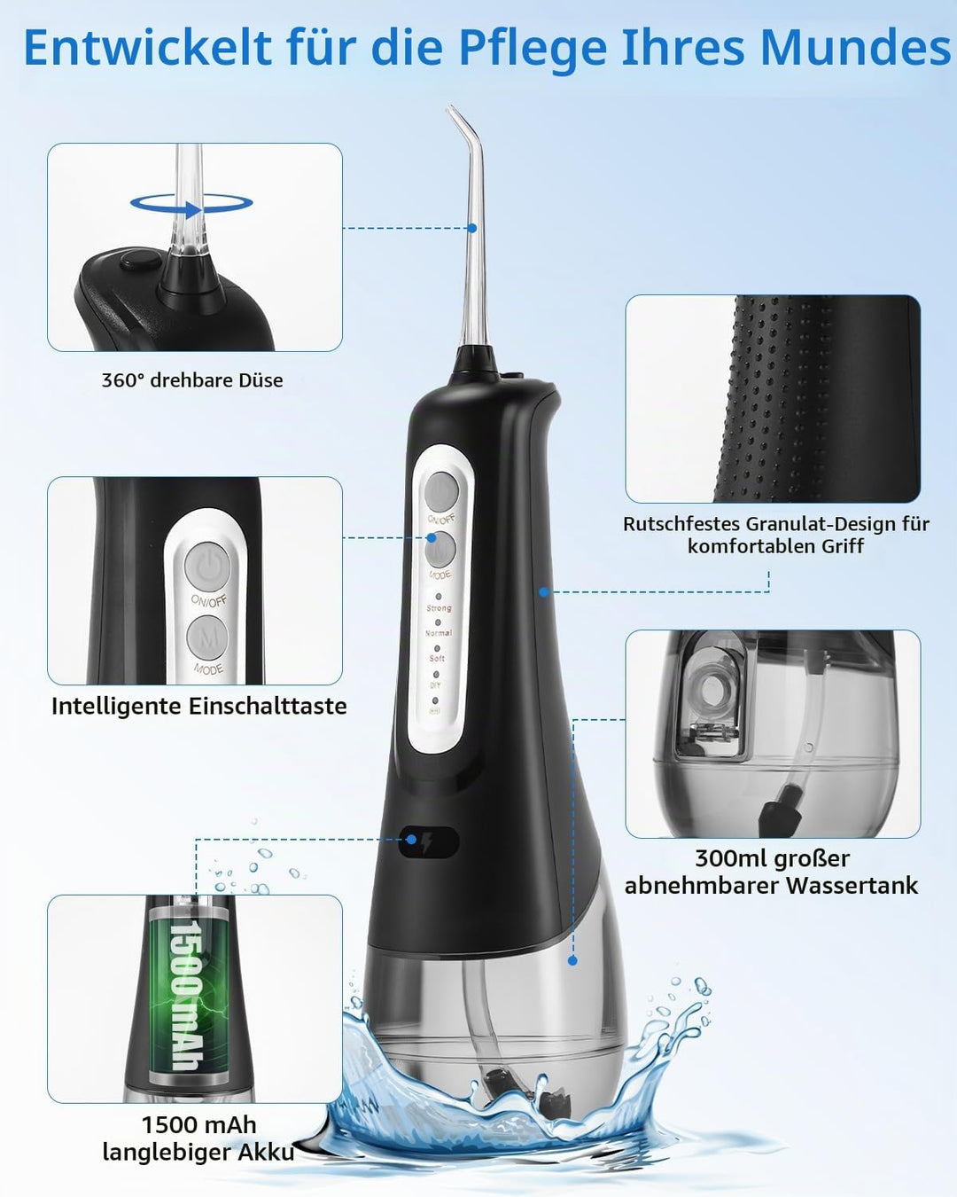 Munddusche Kabellos, Elektrischer Zahnreiniger, 4 Modi 9 Düsen USB-C Wiederaufladbare Wasser Flosser