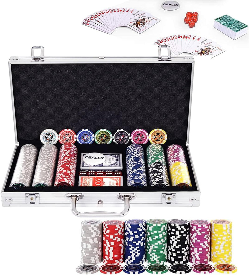 RELAX4LIFE Pokerset Pokerkoffer mit 300 Poker Chips, 2 Kartendecks, Händler & 5 Würfel, Kartenspiel