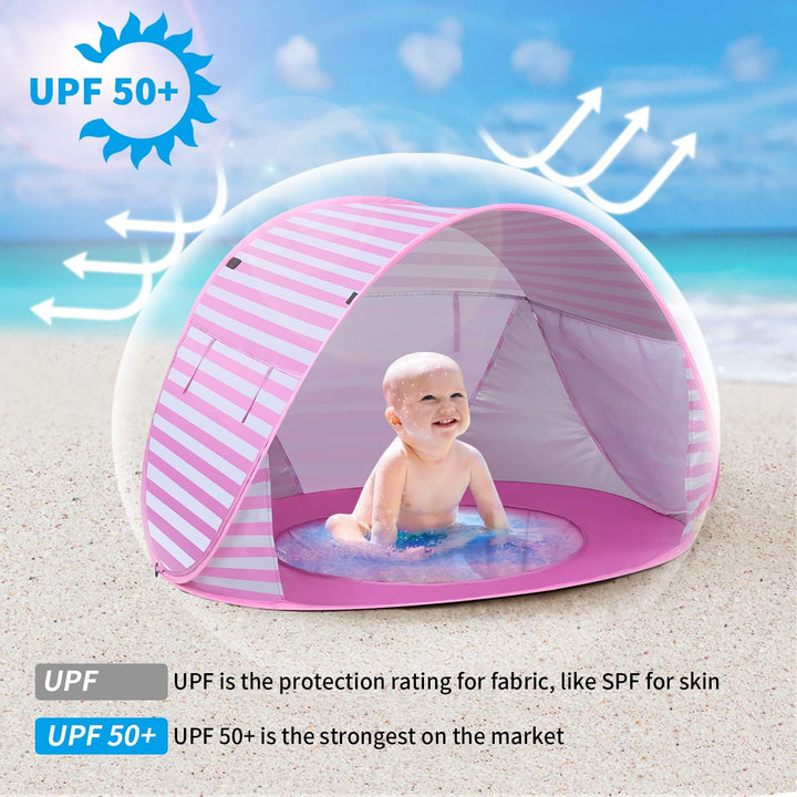 Baby Strandmuschel Pop Up Sonnenschutz Strand mit Minipool, Strandzelt UV Schutz, Atmungsaktiv Porta
