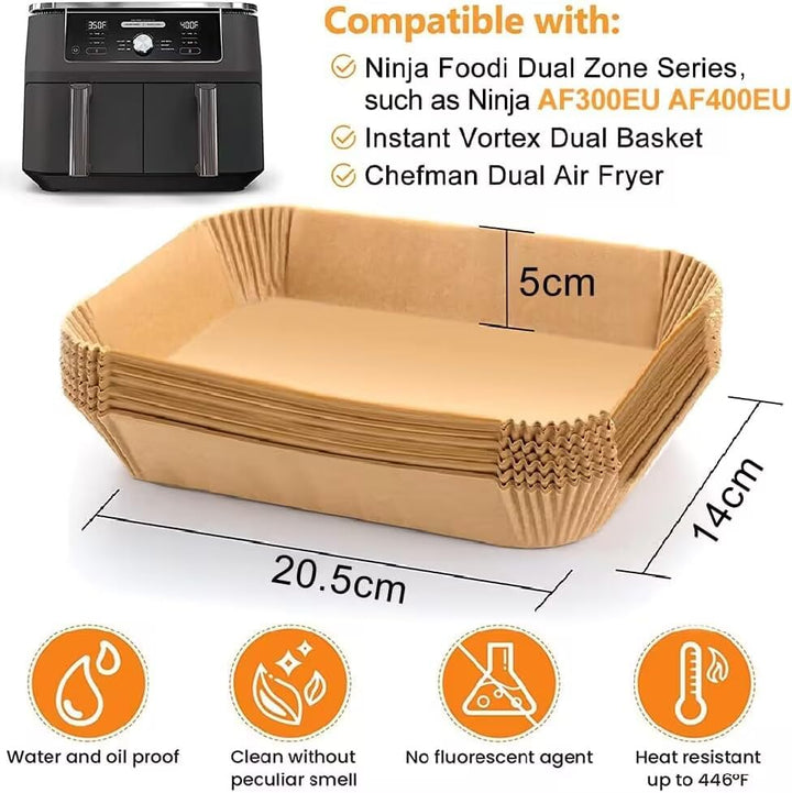 Backpapier für Heissluftfritteuse, 100 Stück 20,5x14 cm Rechteckig Airfryer Backpapier Liners für Ni