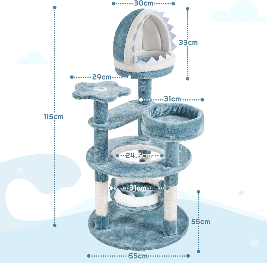 Yaheetech Meer Kratzbaum gross, Moderner Ozean Design Katzenbaum, mit Haifischmaul-Plattform Hängema