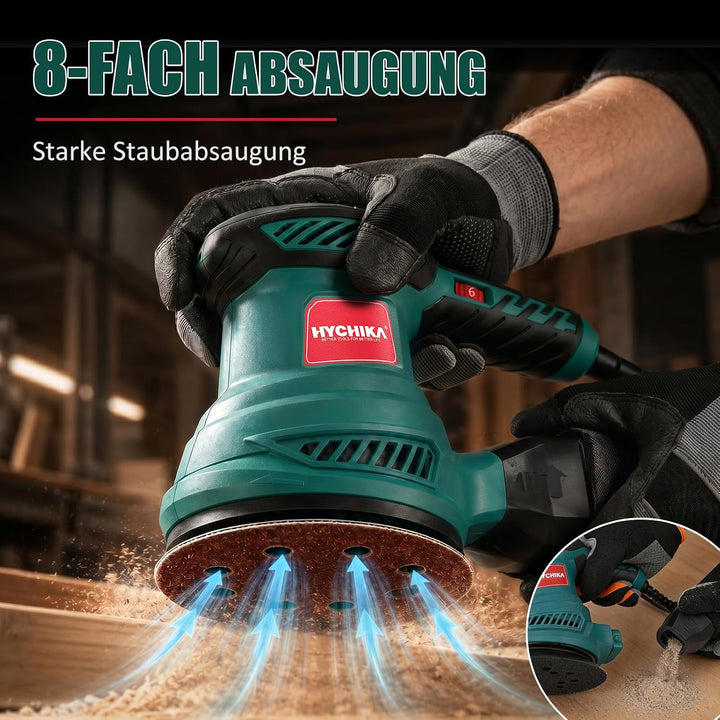 Exzenterschleifer, HYCHIKA 300W Schleifmaschine, 6 Gänge, mit 12 pcs Schleifpapier (Körnung 80/120/2