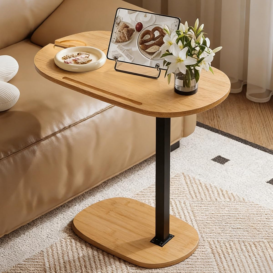 Beistelltisch C Form Höhenverstellbar 40-80cm Kleiner Couchtisch 360°Rotierend Bambus Mobiler Kaffee