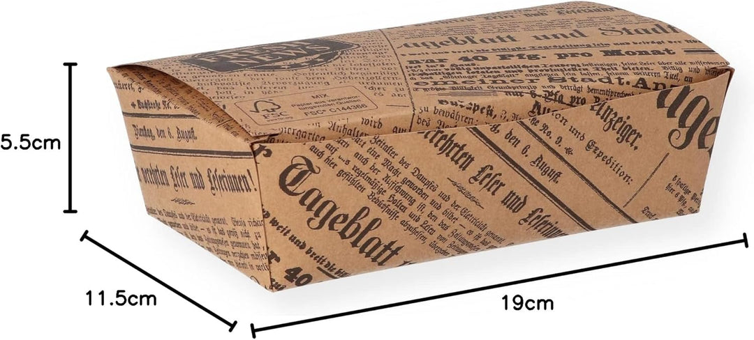 200 Fingerfoodboxen, Snackboxen, braun, mit Aufdruck: Tageblatt, 19x11,5x 5,5cm