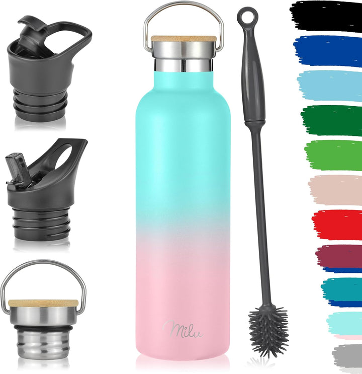 Milu Edelstahl Trinkflasche 500ml, 750ml, 1L (+3 Deckel) - Thermosflasche mit Strohhalm, Isolierte W