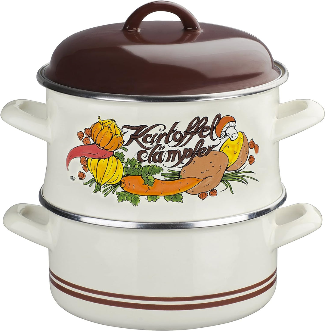 GSW 565059 EMAILLIERTER Kartoffeldämpfer mit Deckel 18cm, Emaille, beige mit dekoration, 18 cm, 3-Ei