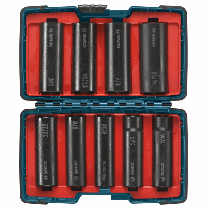 BOSCH 27286 Steckschlüsselsatz, 1/2 Zoll, tief, 9-teilig, Grau 13 mm (1/2 Zoll), tiefe Mulde, Steckd