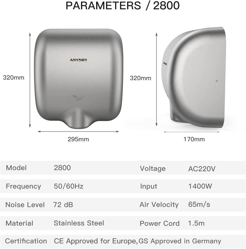 anydry 2800 Klassisch Elektrischer Händetrockner Automatisch 8-12 Sekunden Schnell Trocken Wandmonta