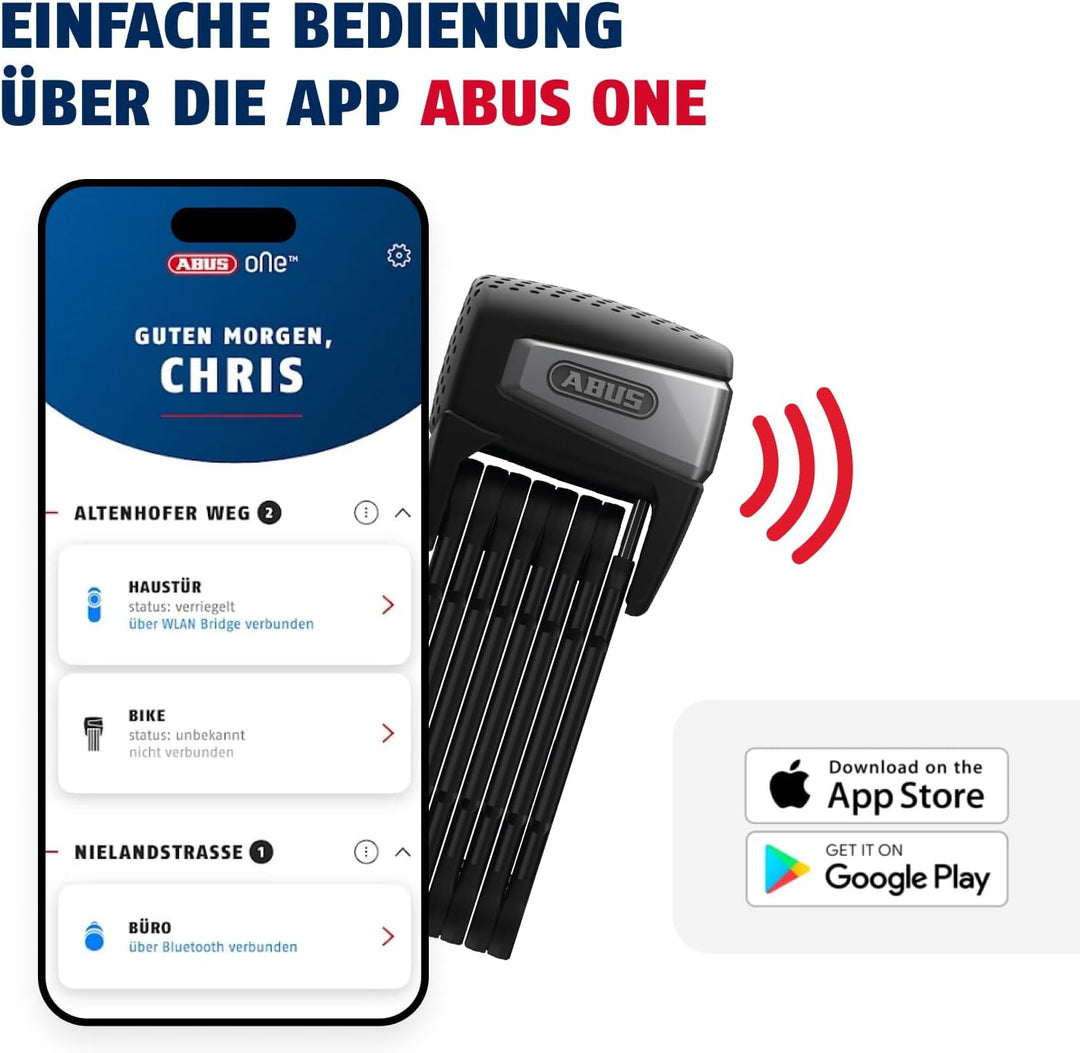 ABUS Faltschloss BORDO One™ 6500A - Smartes Fahrradschloss mit Alarm - schlüsselloses Öffnen per Sma