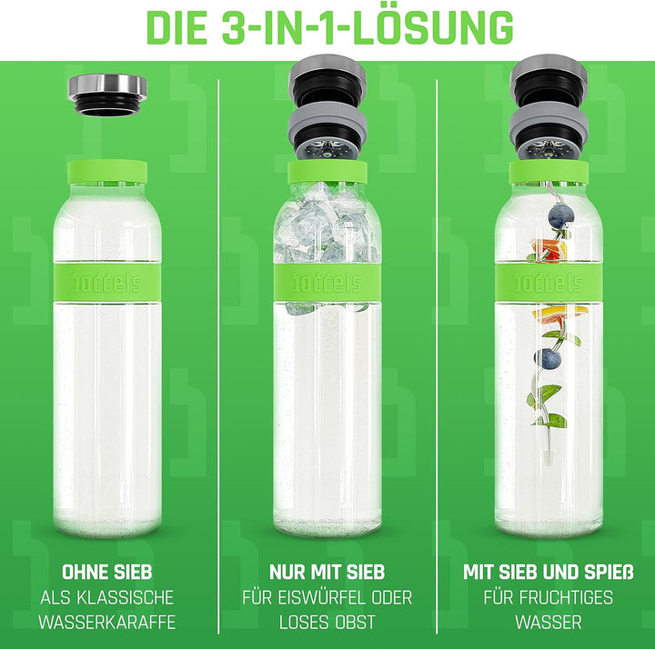 boddels Glaskaraffe mit Deckel und Sieb 1.100ml, Rutschfester Griff, Glaskaraffe mit Fruchteinsatz,