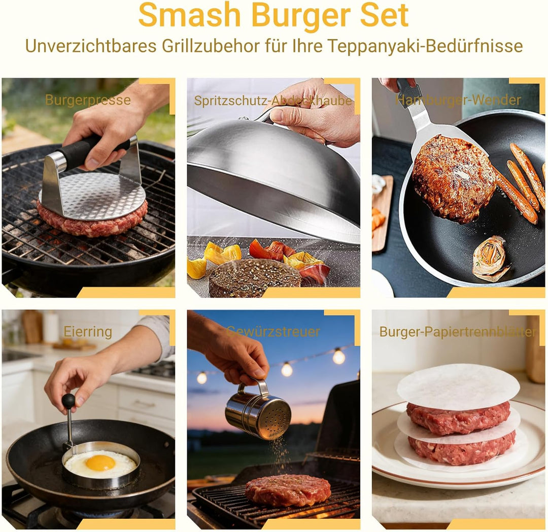 GoHZQ Edelstahl-Burgerpresse mit strukturierter Oberfläche für saftigere Patties, 6 Stück Smash-Burg