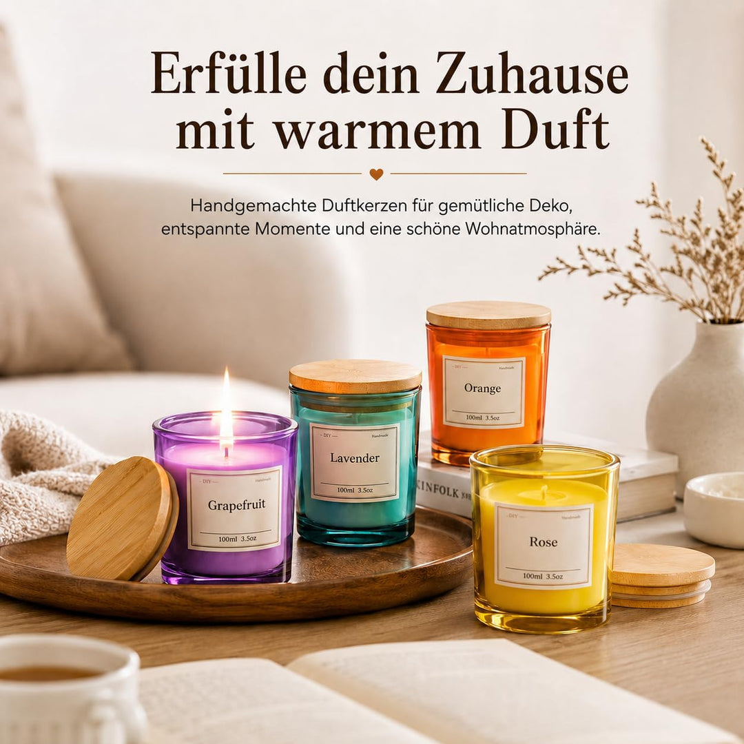 Thinas Kerzen Selber Machen Set – Komplettes Candle Making Kit mit Sojawachs, 4 Gläsern mit Bambusde