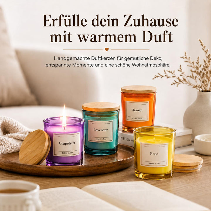 Thinas Kerzen Selber Machen Set – Komplettes Candle Making Kit mit Sojawachs, 4 Gläsern mit Bambusde
