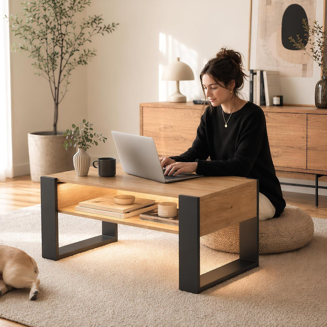 Couchtisch mit LED-Beleuchtung und Stauraum, Wohnzimmertisch Holz, Moderner Sofatisch mit U-förmigen