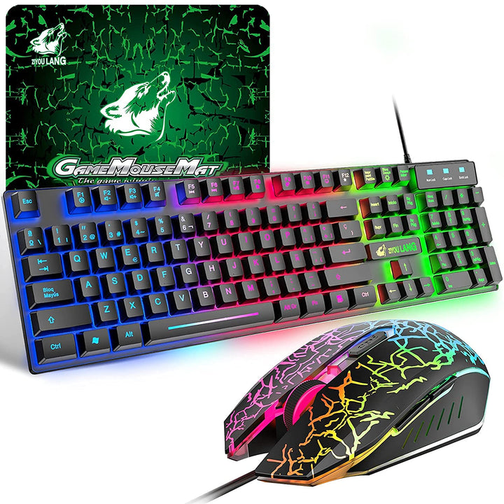 ZIYOU LANG T13 Gaming-Tastatur und Maus-Set [Spanisches QWERTY-Layout], 104 Tasten mit Rainbow LED B