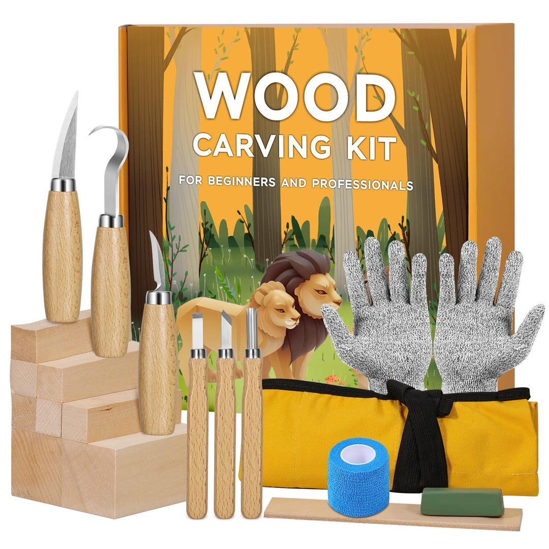 Holzschnitzwerkzeuge Set für Kinder & Anfänger – 19-in-1 Holzschnitzset mit 8 Lindenholz-Blöcken, 6