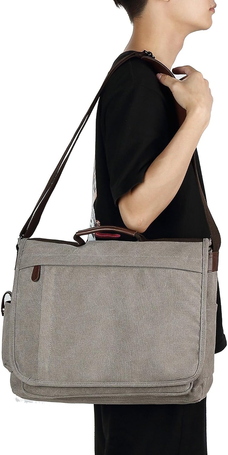 CALIYO Umhängetaschen Herren aus Canvas Schultasche Queformat A4 Laptoptasche für 15,6 Zoll Laptop A