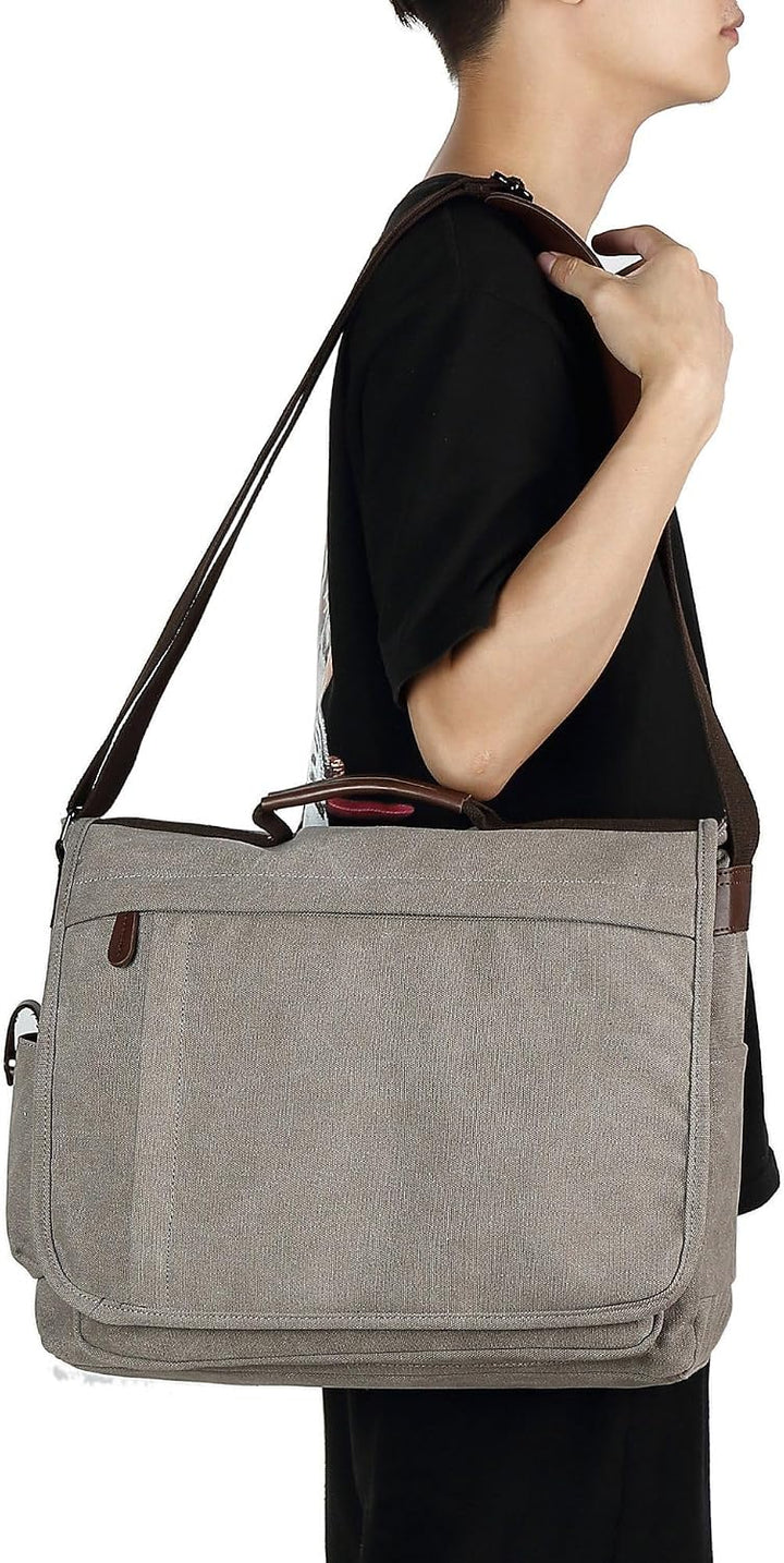 CALIYO Umhängetaschen Herren aus Canvas Schultasche Queformat A4 Laptoptasche für 15,6 Zoll Laptop A