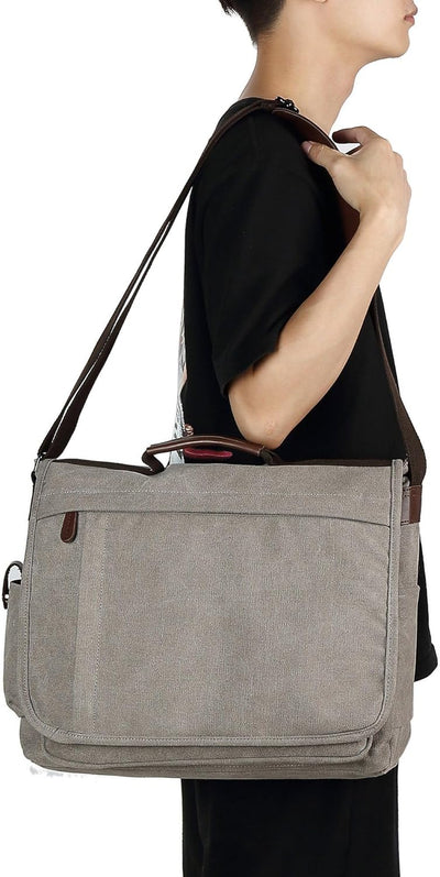 CALIYO Umhängetaschen Herren aus Canvas Schultasche Queformat A4 Laptoptasche für 15,6 Zoll Laptop A