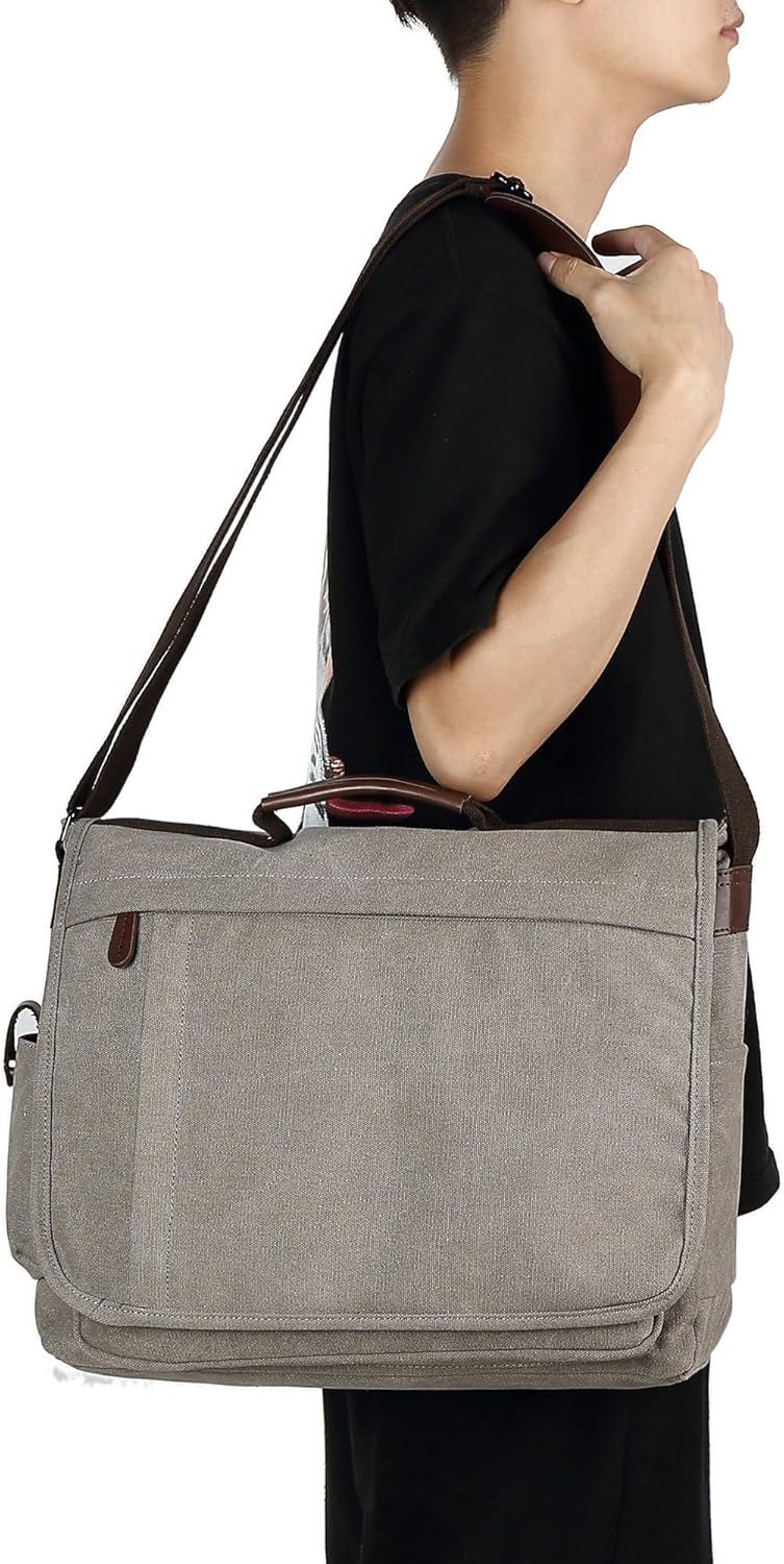 CALIYO Umhängetaschen Herren aus Canvas Schultasche Queformat A4 Laptoptasche für 15,6 Zoll Laptop A