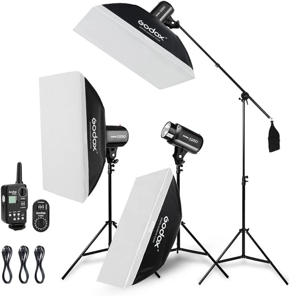 Godox 750W Studio Stroboskop Blitzlicht Kit, Stroboskop Beleuchtungsset für Fotografie, 3x250W 5600K