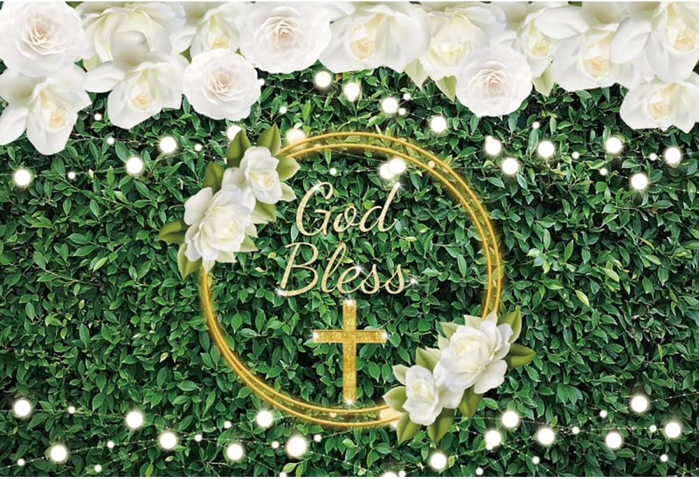 Renaiss 2.7x1.8m Gott segne Hintergrund Erstkommunion Party Dekoration Banner grüne Blätter weisse B