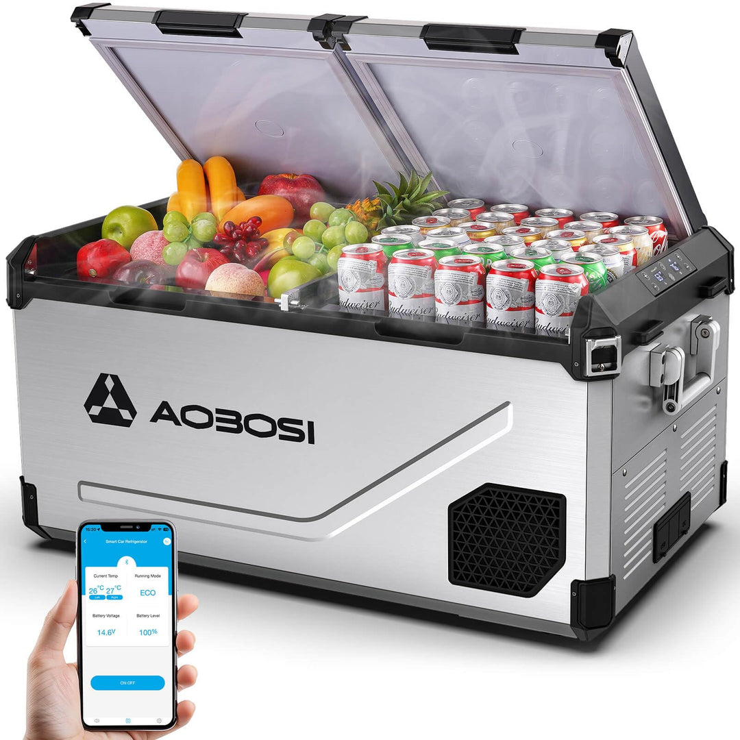AAOBOSI Kompressor Kühlbox 95L Edelstahl, mit APP, -20°C bis 20°C, 12V 230V | Edelstahl-Gehäuse, APP