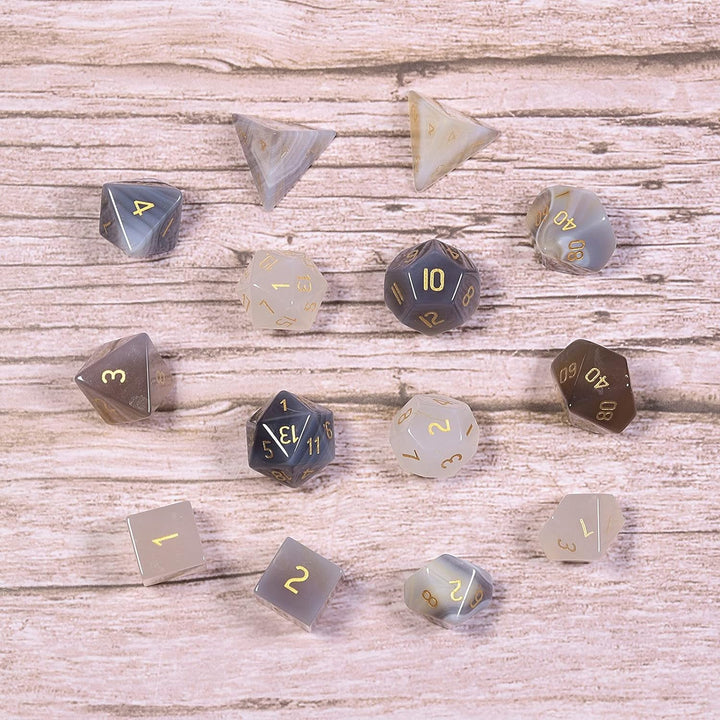 KYEYGWO Grauer Achat Kristall Polyedrische Würfel Set, 7pcs Reiki Heilung Stein Polyedrischer Spielw