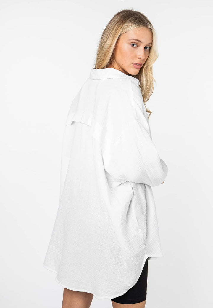Sublevel Damen Musselin Bluse Muslin Long-Bluse Langarm Oversize Baumwolle M-L Weiss, M-L Weiss