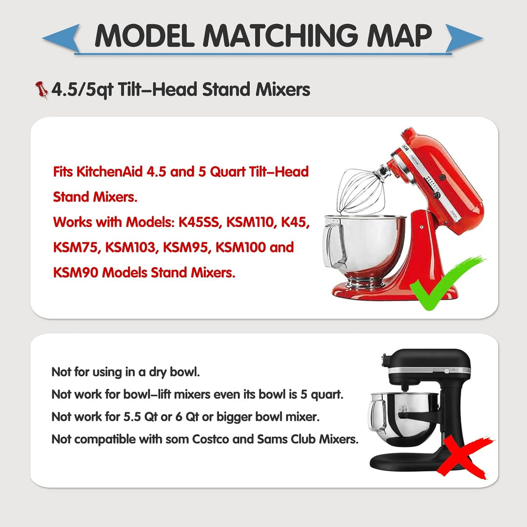 Edelstahl-Schneebesen für KitchenAid 4,5 und 5 Quart Mittelgrosse Küchenmaschinen mit kippbarem Moto