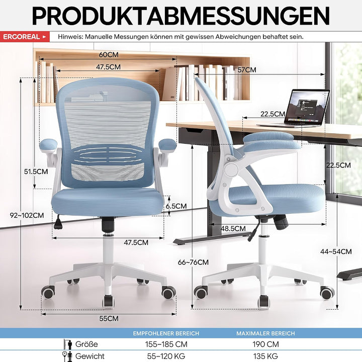 Ergonomischer Bürostuhl, 90-110° Verstellbare Rückenlehne &amp; Aufklappbare Armlehnen (90°), Bürostuhl