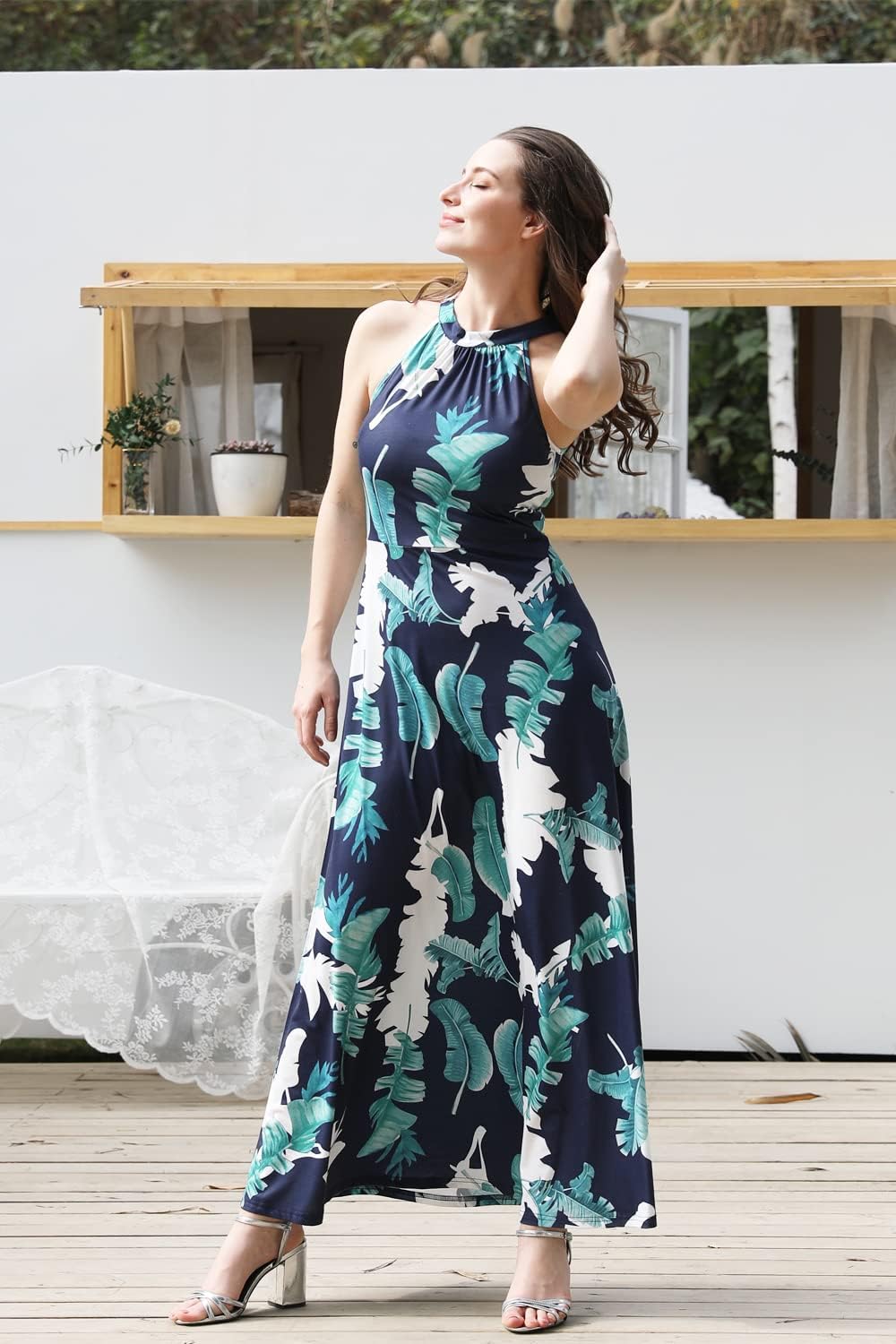 STYLEWORD Damen Neckholder Elegant Sommerkleid Ärmellos Blumenkleid Maxikleid Lange Strandkleid S Fl
