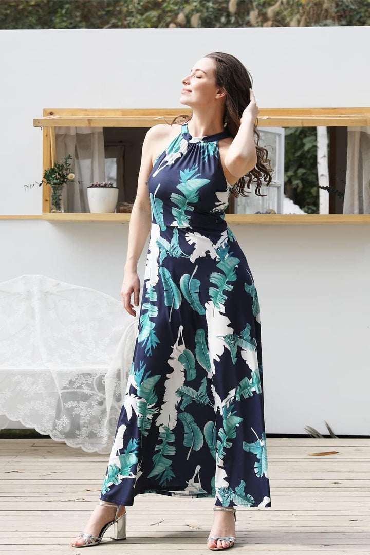 STYLEWORD Damen Neckholder Elegant Sommerkleid Ärmellos Blumenkleid Maxikleid Lange Strandkleid M Fl