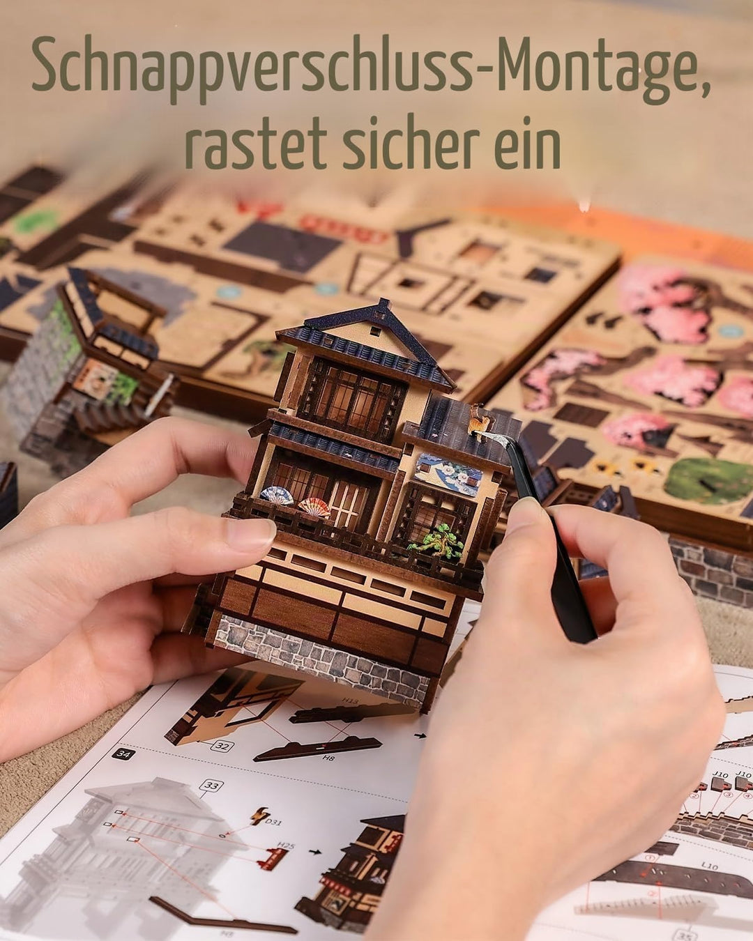 CUTEBEE 3D-Holzmodell Bausatz mit LED-Warmlicht, Japan Kyoto Strasse Bücherregal-Einsatz, Miniaturha