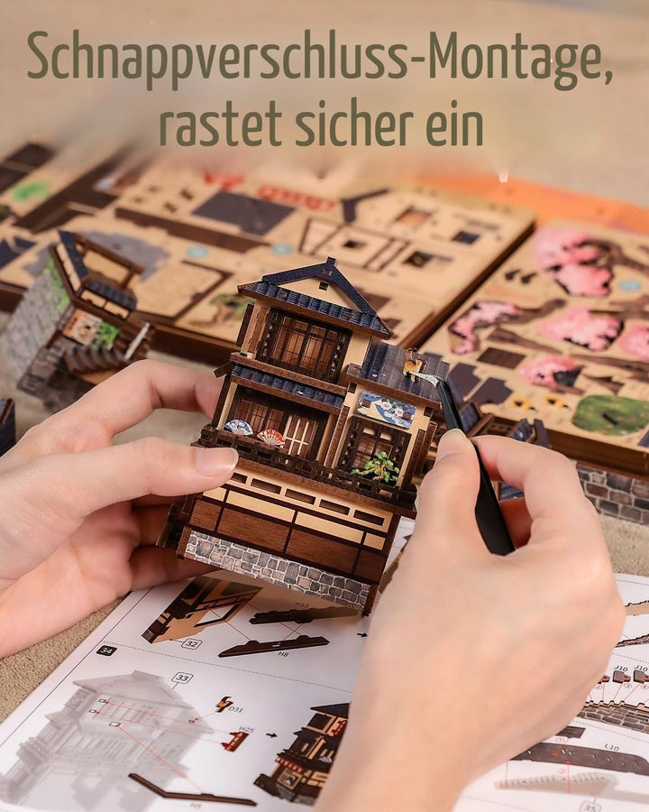 CUTEBEE 3D-Holzmodell Bausatz mit LED-Warmlicht, Japan Kyoto Strasse Bücherregal-Einsatz, Miniaturha