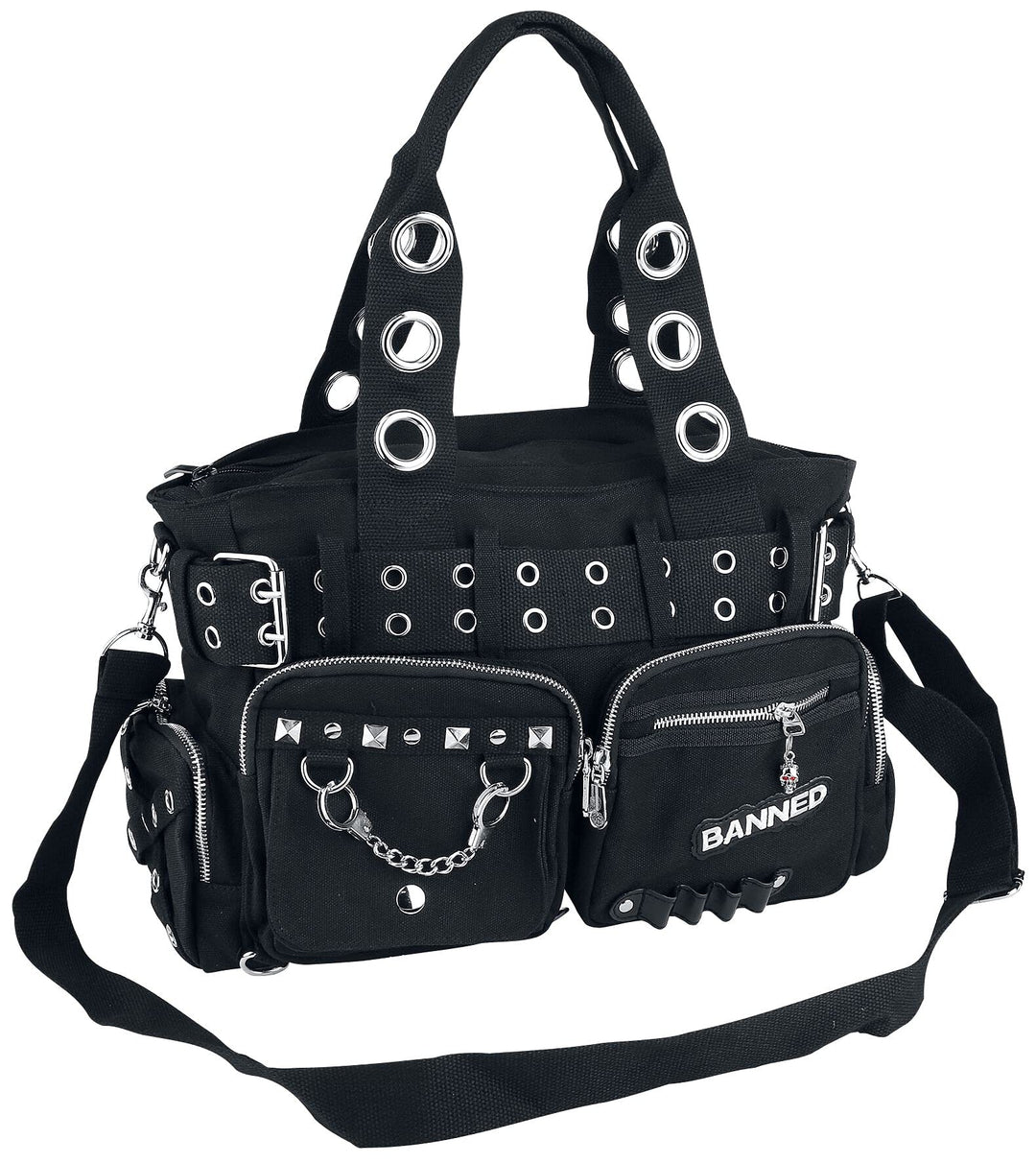 Banned Damen Handtasche mit Handschellen-Details, Rockabilly-Look, Leinwand L Black/Black, L Black/B