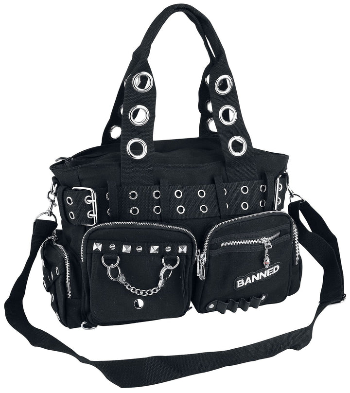 Banned Damen Handtasche mit Handschellen-Details, Rockabilly-Look, Leinwand L Black/Black, L Black/B