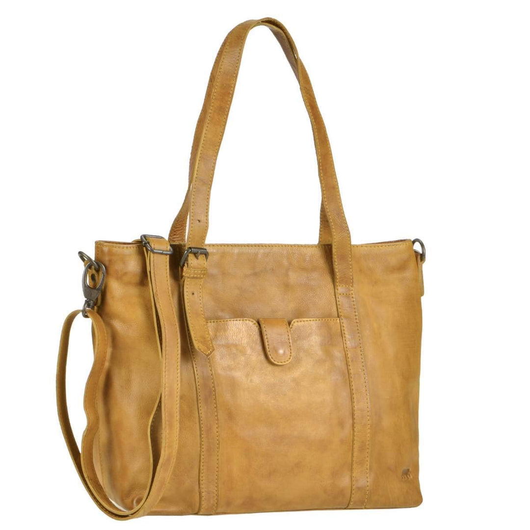 Bear Design Damen Tasche Ledertasche Shopper Schultertasche Handtasche Leder senfgelb Ocker 34x27cm