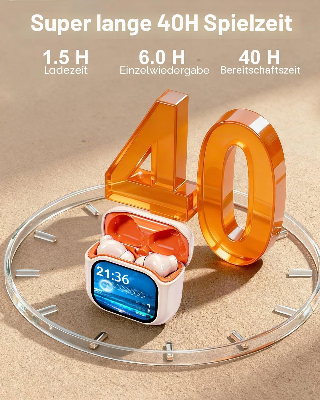 Bluetooth Kopfhörer, In-Ear-Kopfhörer mit Touchscreen, Orange | ANC Kabellose Kopfhörer Kabellos, Bl